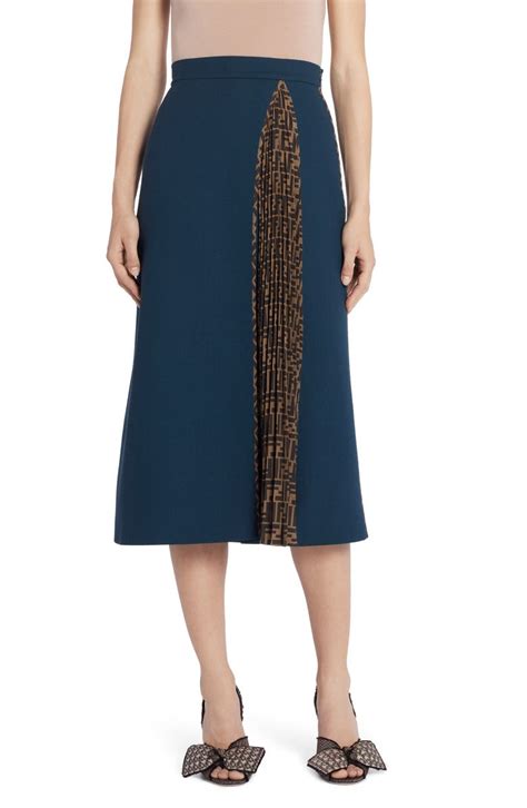 fendi pleated ff inset wool crepe a-line midi skirt